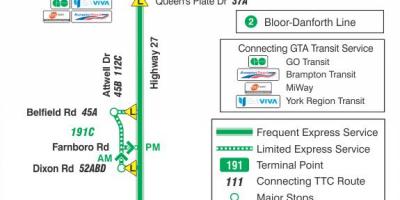 Карта на TTC магистрала 191 ракета 27 автобусни маршрута Торонто